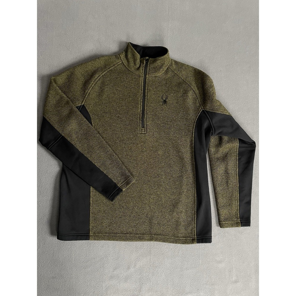 Spyder Sweater Mens XL Green Black Quarter Zip Fleece Pullover Waffle Knit Thick